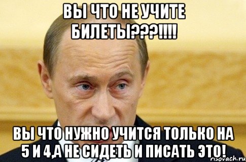 вы что не учите билеты???!!!! вы что нужно учится только на 5 и 4,а не сидеть и писать это!, Мем путин