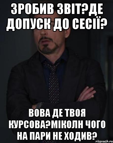 Зробив звіт?Де допуск до сесії? Вова де твоя курсова?Міколн чого на пари не ходив?, Мем твое выражение лица