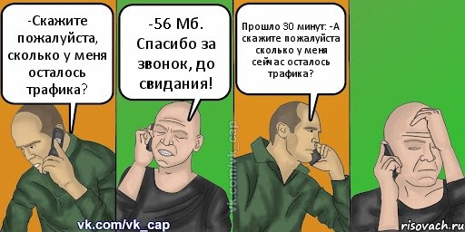 -Скажите пожалуйста, сколько у меня осталось трафика? -56 Мб. Спасибо за звонок, до свидания! Прошло 30 минут: -А скажите пожалуйста сколько у меня сейчас осталось трафика?, Комикс С кэпом (разговор по телефону)