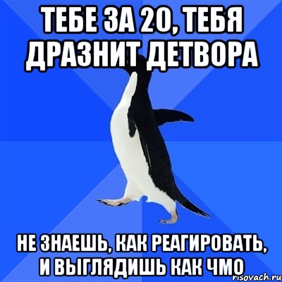 тебе за 20, тебя дразнит детвора не знаешь, как реагировать, и выглядишь как чмо, Мем  Социально-неуклюжий пингвин