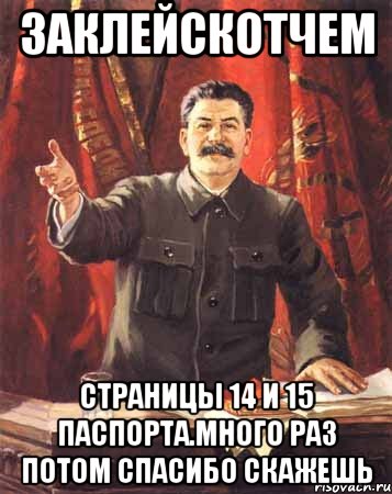 заклейскотчем страницы 14 и 15 паспорта.Много раз потом спасибо скажешь, Мем  сталин цветной
