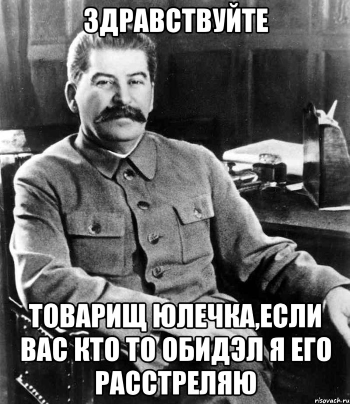 здравствуйте товарищ Юлечка,если вас кто то обидэл я его расстреляю, Мем  иосиф сталин