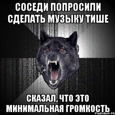 Соседи попросили сделать музыку тише Сказал, что это минимальная громкость, Мем Сумасшедший волк