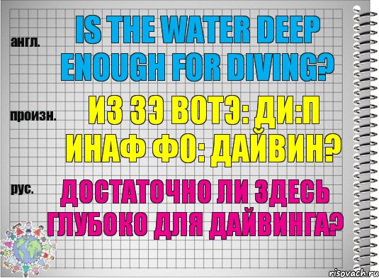 Is the water deep enough for diving? из зэ вотэ: ди:п инаф фо: дайвин? Достаточно ли здесь глубоко для дайвинга?, Комикс  Перевод с английского