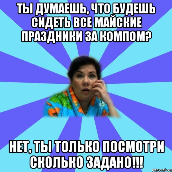 Ты думаешь, что будешь сидеть все майские праздники за компом? Нет, ты только посмотри сколько задано!!!, Мем типичная мама