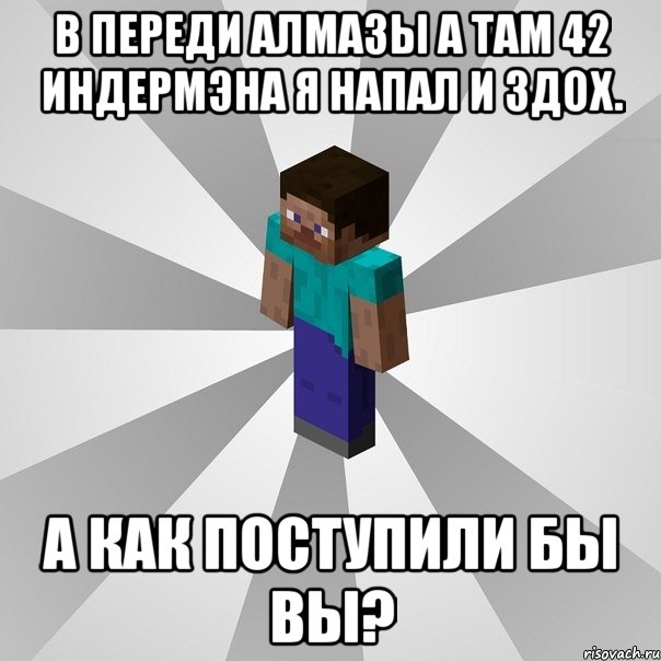 В переди алмазы а там 42 индермэна я напал и здох. А как поступили бы вы?, Мем Типичный игрок Minecraft