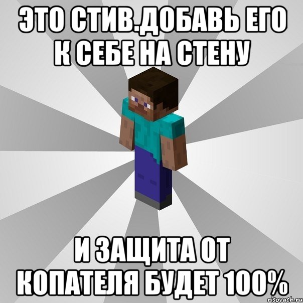 Это стив.Добавь его к себе на стену И защита от Копателя будет 100%, Мем Типичный игрок Minecraft