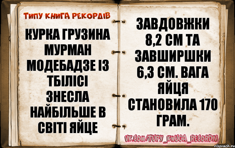 Курка грузина Мурман Модебадзе із Тбілісі знесла найбільше в світі яйце завдовжки 8,2 см та завширшки 6,3 см. Вага яйця становила 170 грам., Комикс  Типу книга рекордв