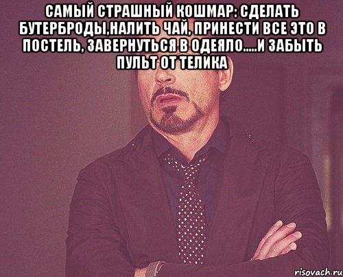 Самый страшный кошмар: сделать бутерброды,налить чай, принести все это в постель, завернуться в одеяло.....и забыть пульт от телика , Мем твое выражение лица