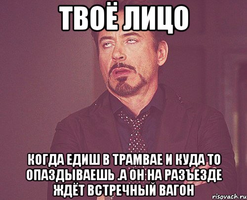 твоё лицо когда едиш в трамвае И КУДА ТО ОПАЗДЫВАЕШЬ .А он на разъезде ждёт встречный вагон, Мем твое выражение лица