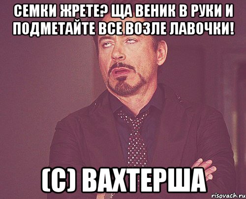 Семки жрете? Ща веник в руки и подметайте все возле лавочки! (с) вахтерша, Мем твое выражение лица