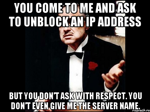 You come to me and ask to unblock an IP address But you don't ask with respect. You don't even give me the server name., Мем ты делаешь это без уважения