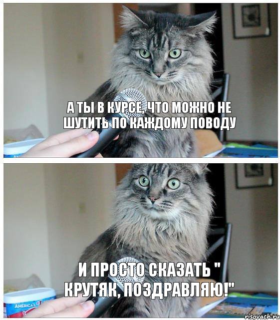 А ты в курсе, что можно не шутить по каждому поводу И просто сказать " крутяк, поздравляю!", Комикс  кот с микрофоном