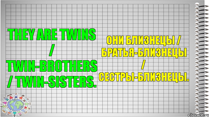 They are twins / twin-brothers / twin-sisters. Они близнецы / братья-близнецы / сестры-близнецы.