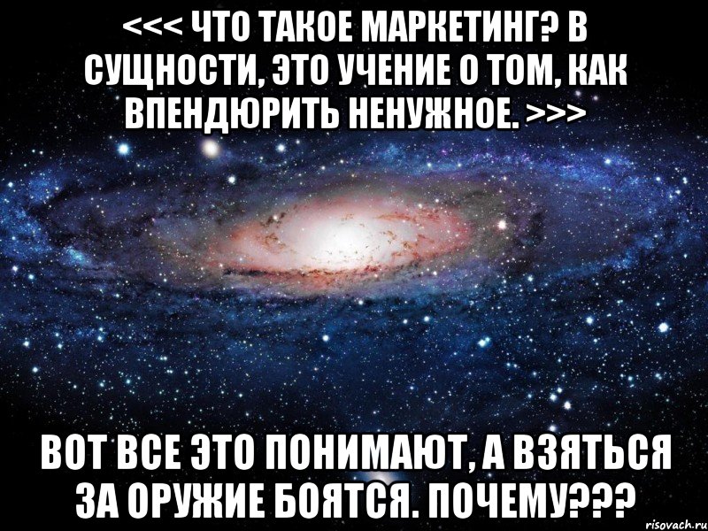 <<< Что такое маркетинг? В сущности, это учение о том, как впендюрить ненужное. >>> Вот все это понимают, а взяться за оружие боятся. ПОЧЕМУ???, Мем Вселенная