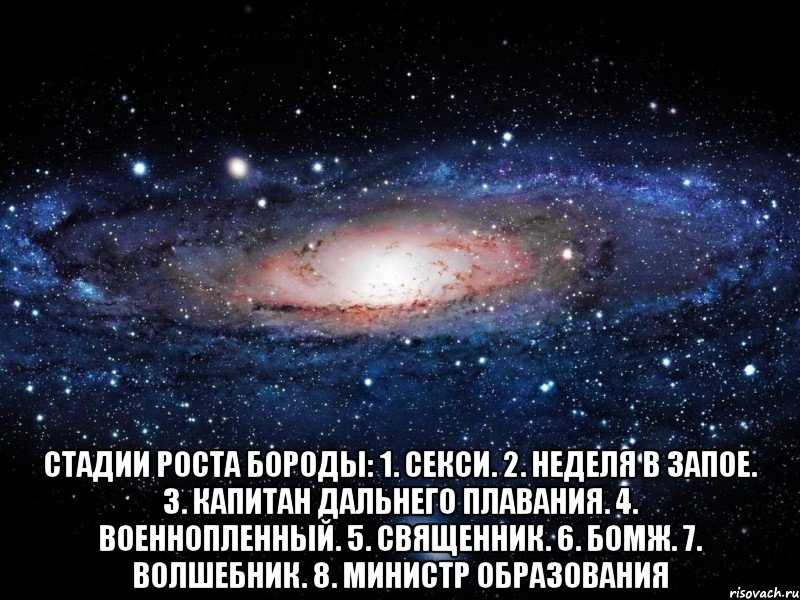  Стадии роста бороды: 1. Секси. 2. Неделя в запое. 3. Капитан дальнего плавания. 4. Военнопленный. 5. Священник. 6. Бомж. 7. Волшебник. 8. Министр образования, Мем Вселенная