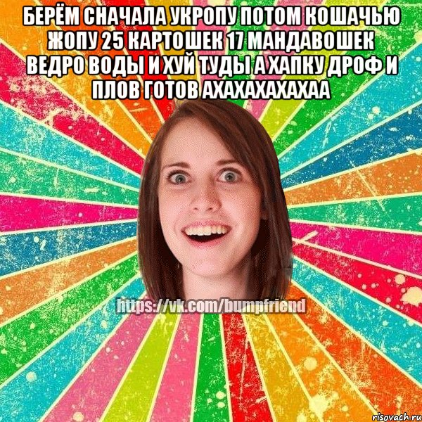 берём сначала укропу потом кошачью жопу 25 картошек 17 мандавошек ведро воды и хуй туды а хапку дроф и плов готов ахахахахахаа , Мем Йобнута Подруга ЙоП