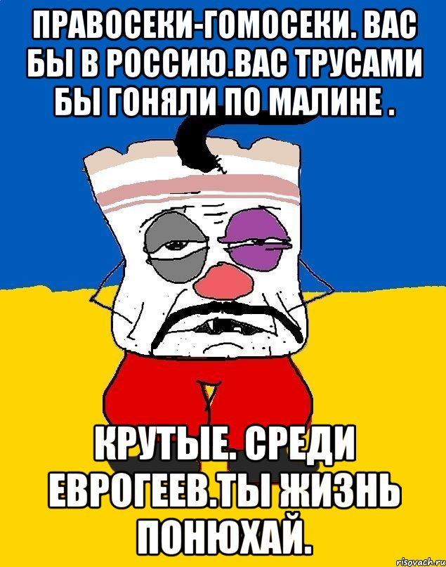 Правосеки-гомосеки. Вас бы в россию.вас трусами бы гоняли по малине . Крутые. Среди еврогеев.ты жизнь понюхай., Мем Западенец - тухлое сало