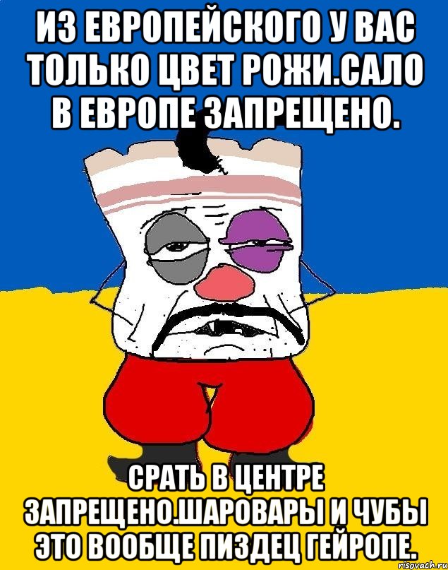 Из европейского у вас только цвет рожи.сало в европе запрещено. Срать в центре запрещено.шаровары и чубы это вообще пиздец гейропе., Мем Западенец - тухлое сало