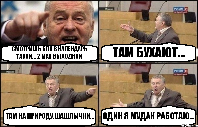 СМОТРИШЬ БЛЯ В КАЛЕНДАРЬ ТАКОЙ... 2 МАЯ ВЫХОДНОЙ ТАМ БУХАЮТ... ТАМ НА ПРИРОДУ,ШАШЛЫЧКИ... ОДИН Я МУДАК РАБОТАЮ..., Комикс Жириновский