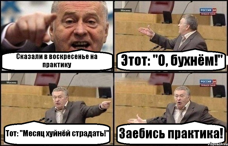 Сказали в воскресенье на практику Этот: "О, бухнём!" Тот: "Месяц хуйнёй страдать!" Заебись практика!, Комикс Жириновский