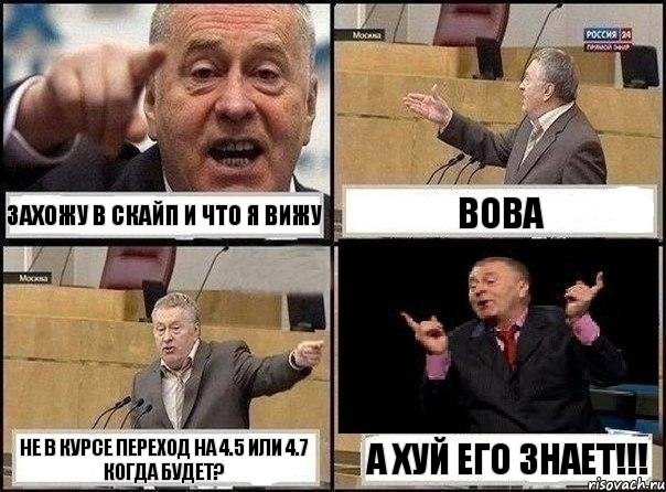 Захожу в скайп и что я вижу Вова Не в курсе переход на 4.5 или 4.7 когда будет? А ХУЙ ЕГО ЗНАЕТ!!!, Комикс Жириновский клоуничает