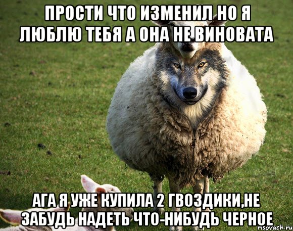 ПРОСТИ ЧТО ИЗМЕНИЛ НО Я ЛЮБЛЮ ТЕБЯ А ОНА НЕ ВИНОВАТА АГА Я УЖЕ КУПИЛА 2 ГВОЗДИКИ,НЕ ЗАБУДЬ НАДЕТЬ ЧТО-НИБУДЬ ЧЕРНОЕ, Мем Злая Овца