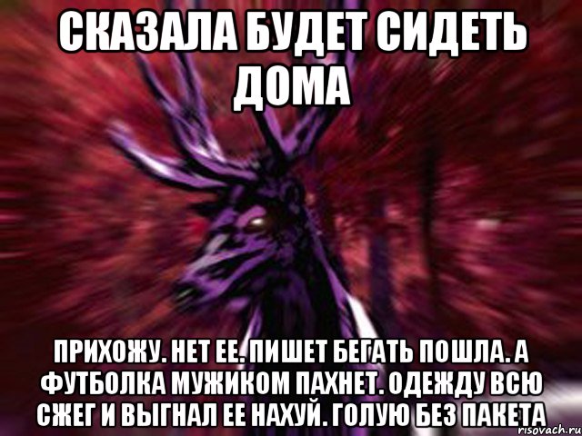 Сказала будет сидеть дома прихожу. нет ее. пишет бегать пошла. а футболка мужиком пахнет. одежду всю сжег и выгнал ее нахуй. голую без пакета, Мем ЗЛОЙ ОЛЕНЬ