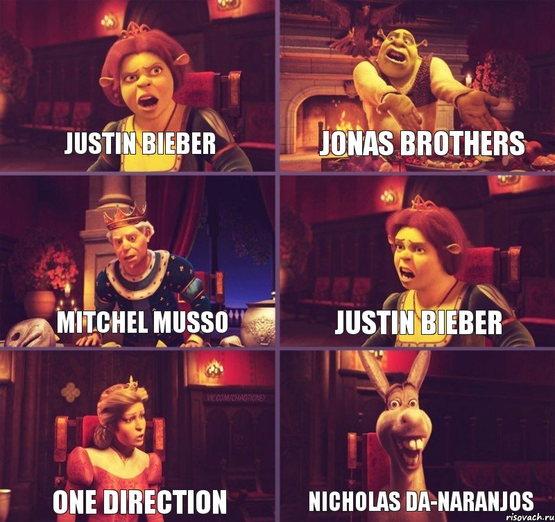 Justin Bieber Jonas Brothers Mitchel Musso Justin Bieber One Direction Nicholas Da-Naranjos, Комикс  Шрек Фиона Гарольд Осел