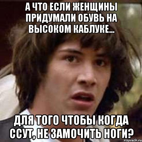 А что если женщины придумали обувь на высоком каблуке... для того чтобы когда ссут, не замочить ноги?, Мем А что если (Киану Ривз)