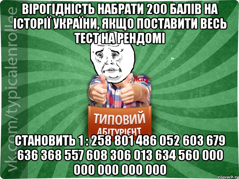 вірогідність набрати 200 балів на історії україни, якщо поставити весь тест на рендомі становить 1 : 258 801 486 052 603 679 636 368 557 608 306 013 634 560 000 000 000 000 000, Мем абтура4