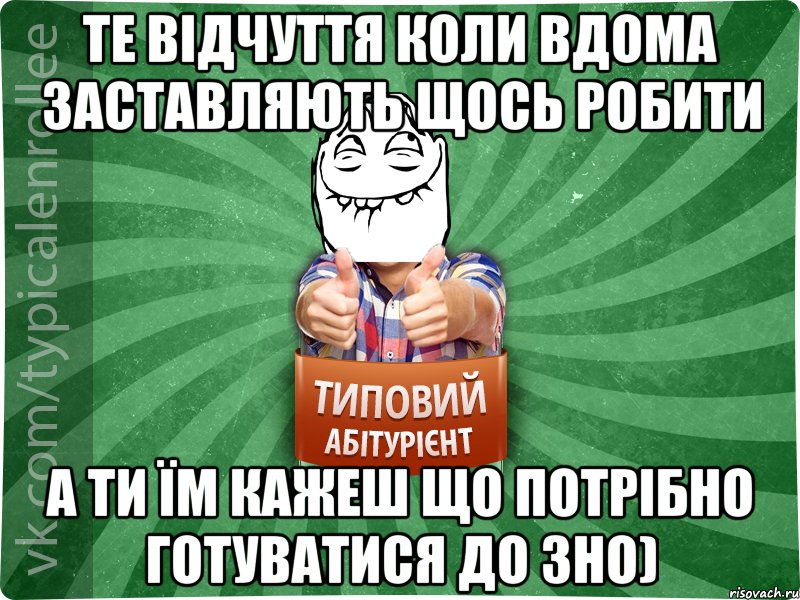 те відчуття коли вдома заставляють щось робити а ти їм кажеш що потрібно готуватися до ЗНО)