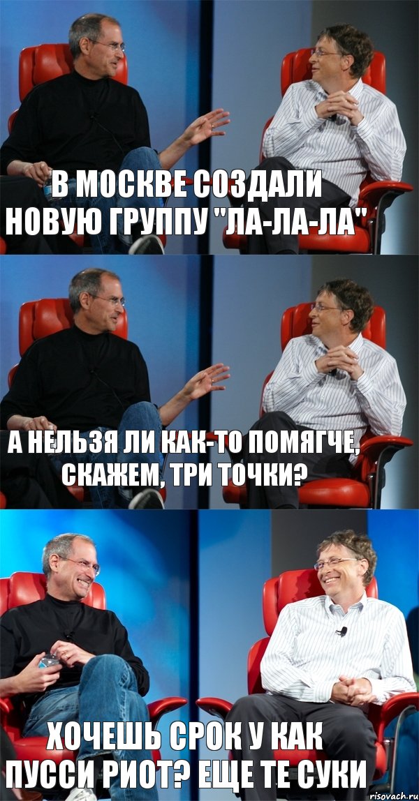 В Москве создали новую группу "ла-ла-ла" А нельзя ли как-то помягче, скажем, три точки? Хочешь срок у как Пусси Риот? Еще те суки, Комикс Стив Джобс и Билл Гейтс (3 зоны)