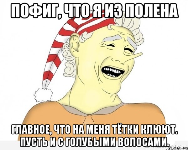 Пофиг, что я из полена Главное, что на меня тётки клюют. Пусть и с голубыми волосами., Мем буратино