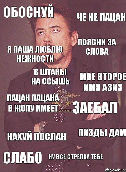 Обоснуй Поясни за слова Че не пацан Я Паша люблю нежности Мое второе имя Азиз Пацан пацана в жопу имеет Пизды дам Ну все стрелка тебе Нахуй послан В штаны на ссышь Заебал Слабо, Комикс мое лицо