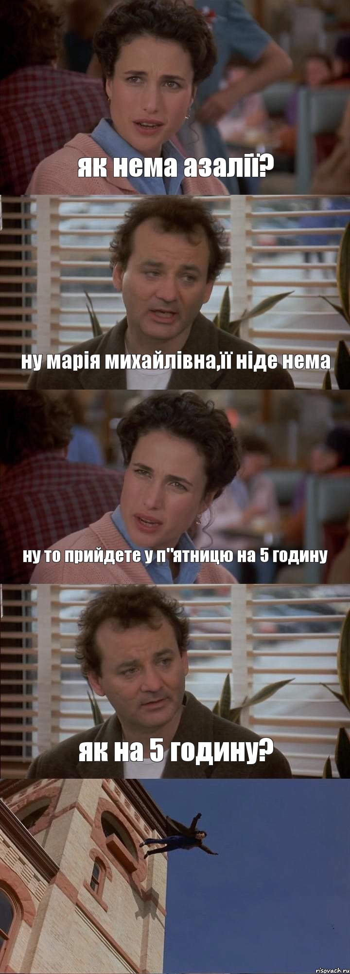 як нема азалії? ну марія михайлівна,її ніде нема ну то прийдете у п"ятницю на 5 годину як на 5 годину? , Комикс День сурка