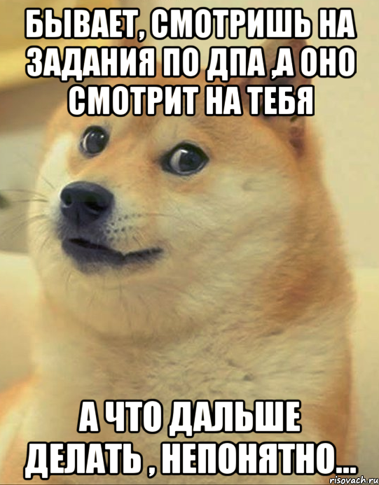 Бывает, смотришь на задания по ДПА ,а оно смотрит на тебя а что дальше делать , непонятно..., Мем doge woof