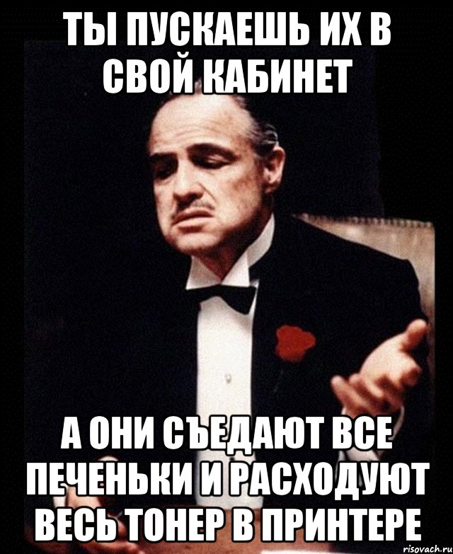 Ты пускаешь их в свой кабинет а они съедают все печеньки и расходуют весь тонер в принтере, Мем ты делаешь это без уважения