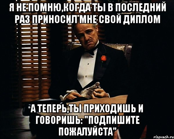 Я не помню,когда ты в последний раз приносил мне свой диплом А теперь,ты приходишь и говоришь: "Подпишите пожалуйста", Мем Дон Вито Корлеоне