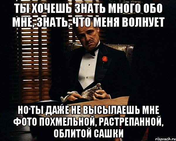 ты хочешь знать много обо мне, знать, что меня волнует но ты даже не высылаешь мне фото похмельной, растрепанной, облитой Сашки, Мем Дон Вито Корлеоне