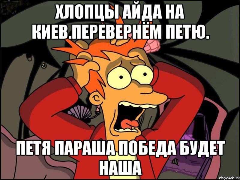 Хлопцы айда на киев.перевернём петю. Петя параша победа будет наша, Мем Фрай в панике