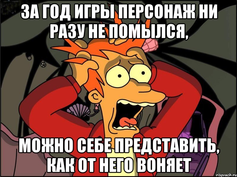 за год игры персонаж ни разу не помылся, можно себе представить, как от него воняет, Мем Фрай в панике