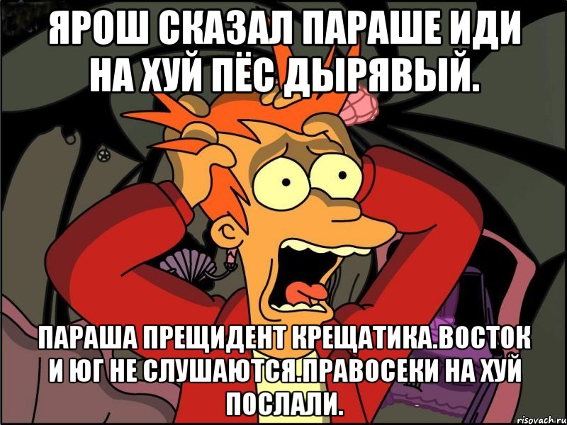 Ярош сказал параше иди на хуй пёс дырявый. Параша прещидент крещатика.восток и юг не слушаются.правосеки на хуй послали., Мем Фрай в панике