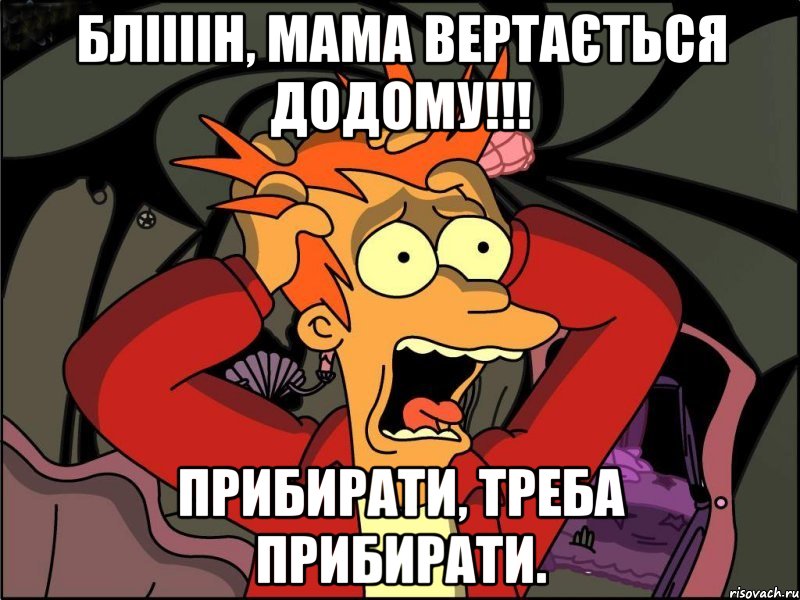 Бліііін, мама вертається додому!!! Прибирати, треба прибирати., Мем Фрай в панике