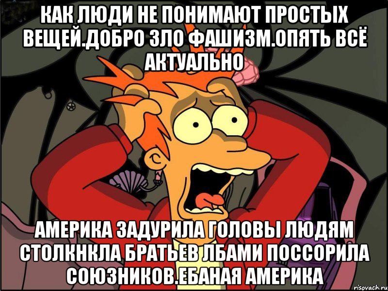 Как люди не понимают простых вещей.добро зло фашизм.опять всё актуально Америка задурила головы людям столкнкла братьев лбами поссорила союзников.ебаная америка, Мем Фрай в панике