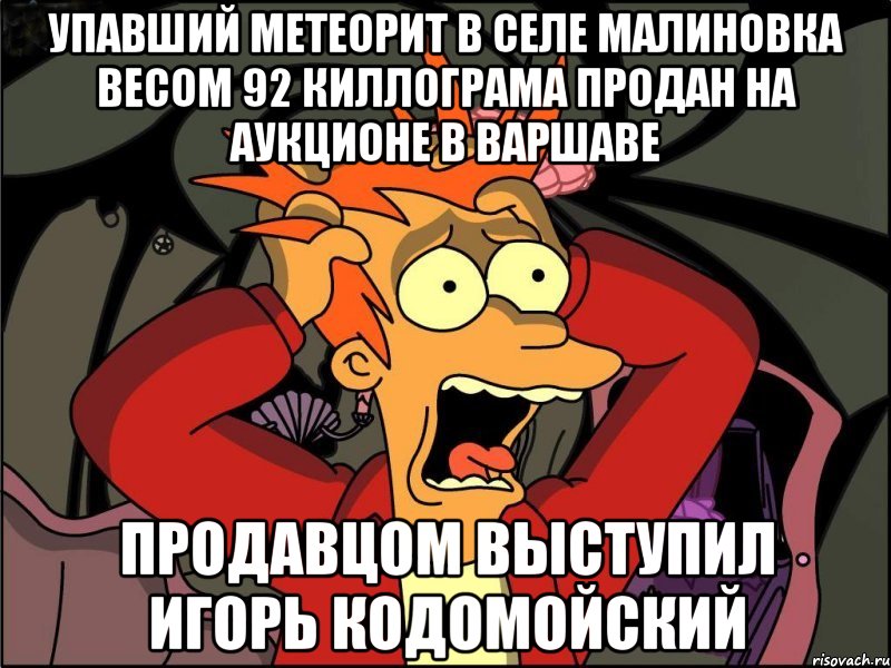 Упавший метеорит в селе малиновка весом 92 киллограма продан на аукционе в варшаве Продавцом выступил игорь кодомойский, Мем Фрай в панике