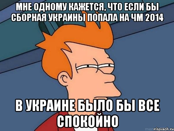 мне одному кажется, что если бы сборная украины попала на чм 2014 В Украине было бы все спокойно, Мем  Фрай (мне кажется или)