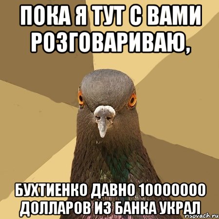 ПОКА Я ТУТ С ВАМИ РОЗГОВАРИВАЮ, БУХТИЕНКО ДАВНО 10000000 ДОЛЛАРОВ ИЗ БАНКА УКРАЛ, Мем голубь