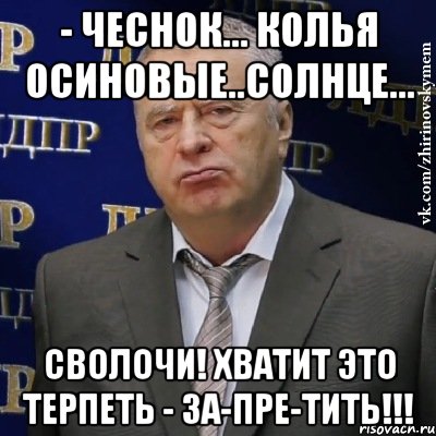 - чеснок... колья осиновые..солнце... СВОЛОЧИ! ХВАТИТ ЭТО ТЕРПЕТЬ - ЗА-ПРЕ-ТИТЬ!!!, Мем Хватит это терпеть (Жириновский)