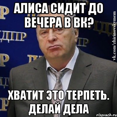 Алиса сидит до вечера в ВК? Хватит это терпеть. Делай дела, Мем Хватит это терпеть (Жириновский)